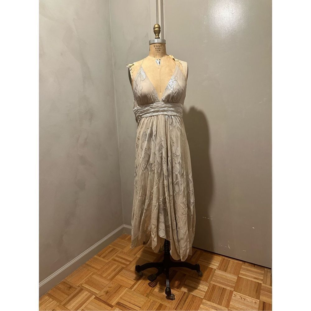 Nicole Milker Ivory silk and silver metallic dress with bustle